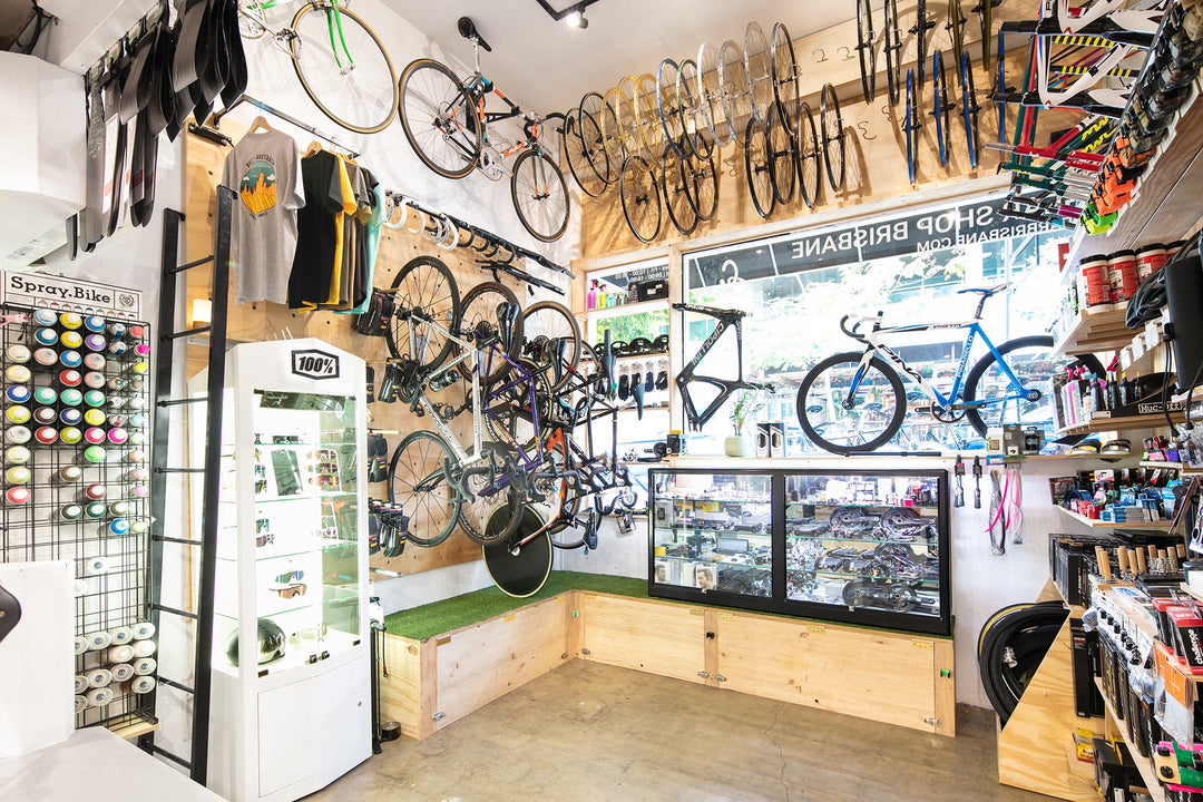 The small 23m² internal space within GEAR Shop Brisbane, formerly at 3a Browning St, West End. Display cabinets and stock line every space that's available